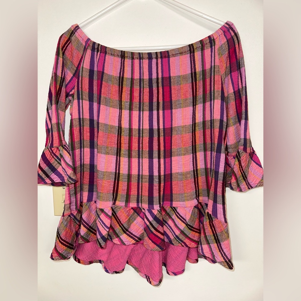 Beach Lunch Lounge Peplum Top Size L Purple Pink‎ Plaid 3/4 Bell Sleeves